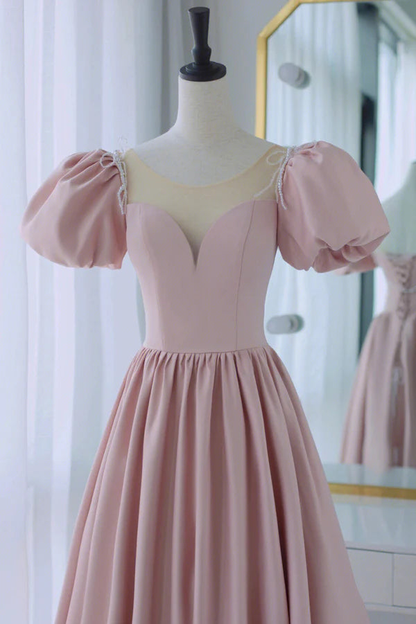 Wholesale Pink Scoop Neckline Satin Prom Dress Pink Floor Length Party Dress